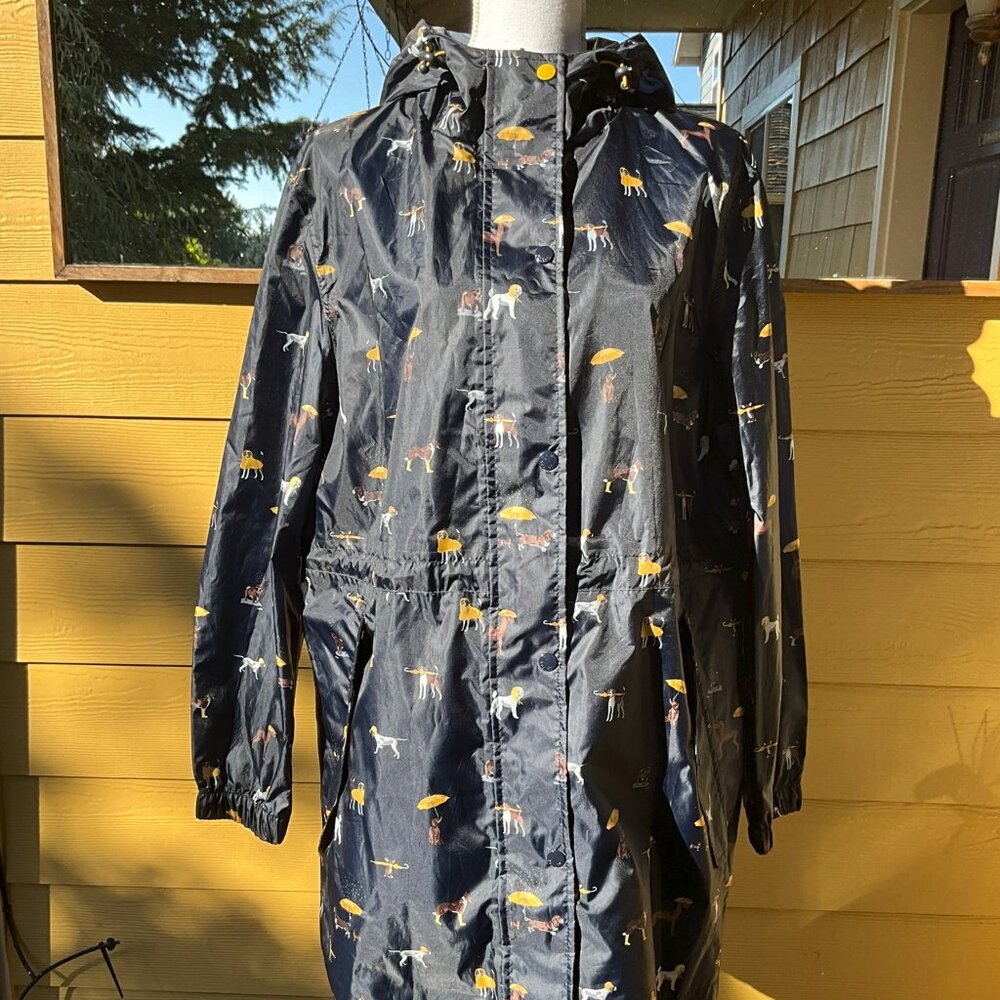 Joules Right as Rain Packable Dog Print Hooded Raincoat Black Size 12